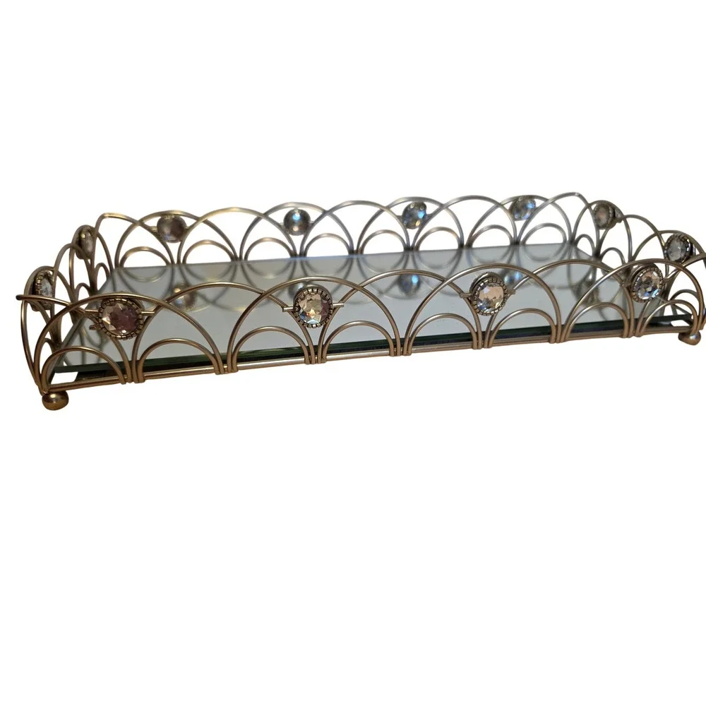Vintage Gold Mirrored Vanity Tray Crystal Accented Scalloped Gallery ST-8889-TRY